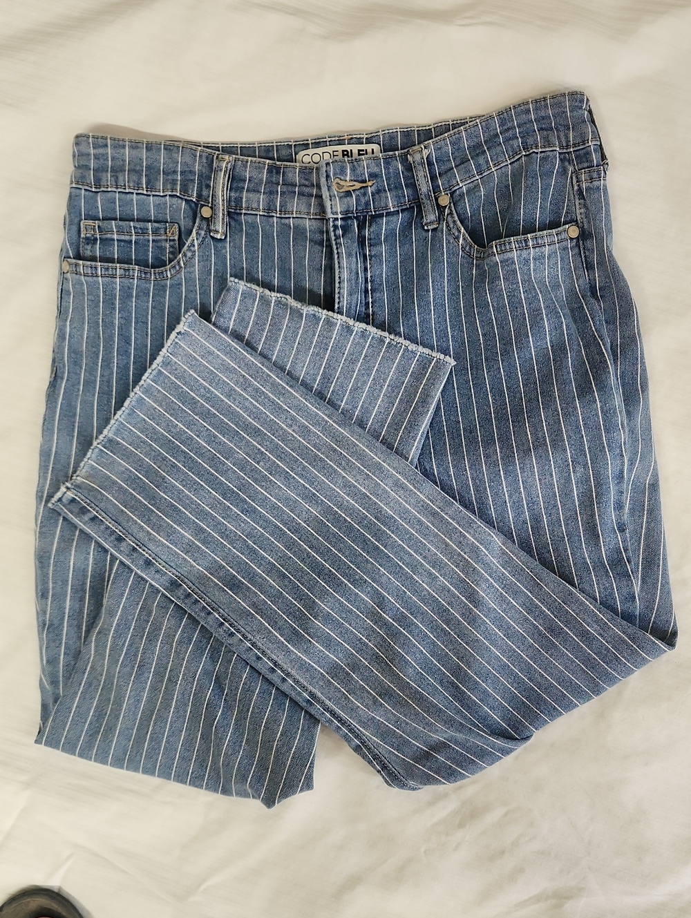 Code Bleu Denim Pinstripe Straight-Leg Jeans — Blue & White
